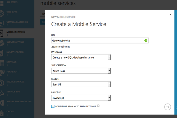 Creating the Azure Mobile Service and SQL Database