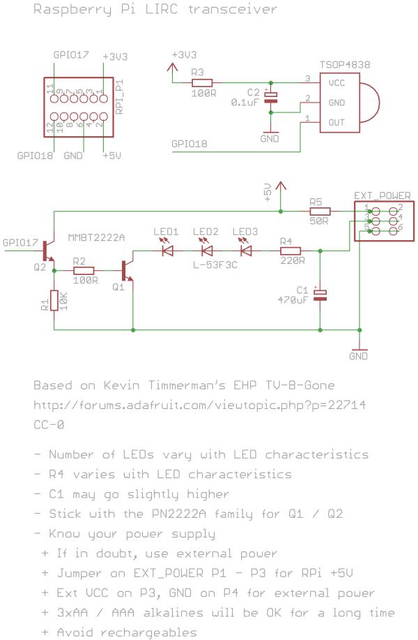 Raspberry Pi lirc_rpi - (IR Remote control) LIRC GPIO driver schematic
