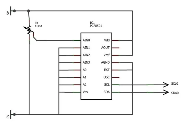 Raspberry Pi, Python & i2c Analogue to Digital Converter (ADC) schematic