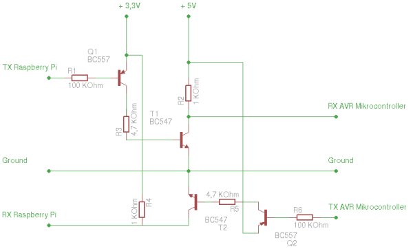 Raspberry Pi – homemade level converter for serial communication rs232 3.3 volts to 5 volts TTL for AVR microcontroller Schematic