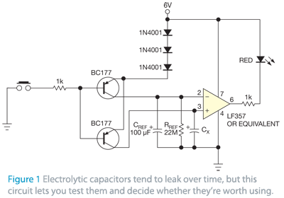Circuit lets you test capacitors for leakage
