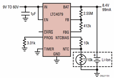 Monolithic linear battery charger operates from inputs up to 60V
