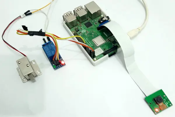 The breadboard setup for Raspberry Pi 3 Face Recognition Door Lock is shown below
